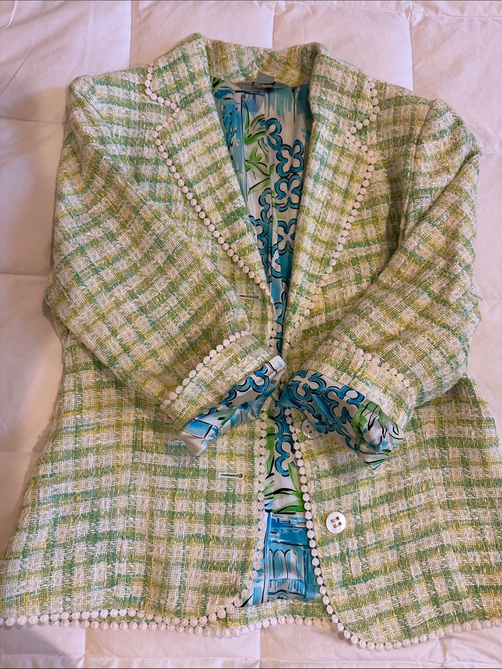 Lilly Pulitzer Green and White Tweed Pom-Pom Trim Blazer with Blue Floral Lining